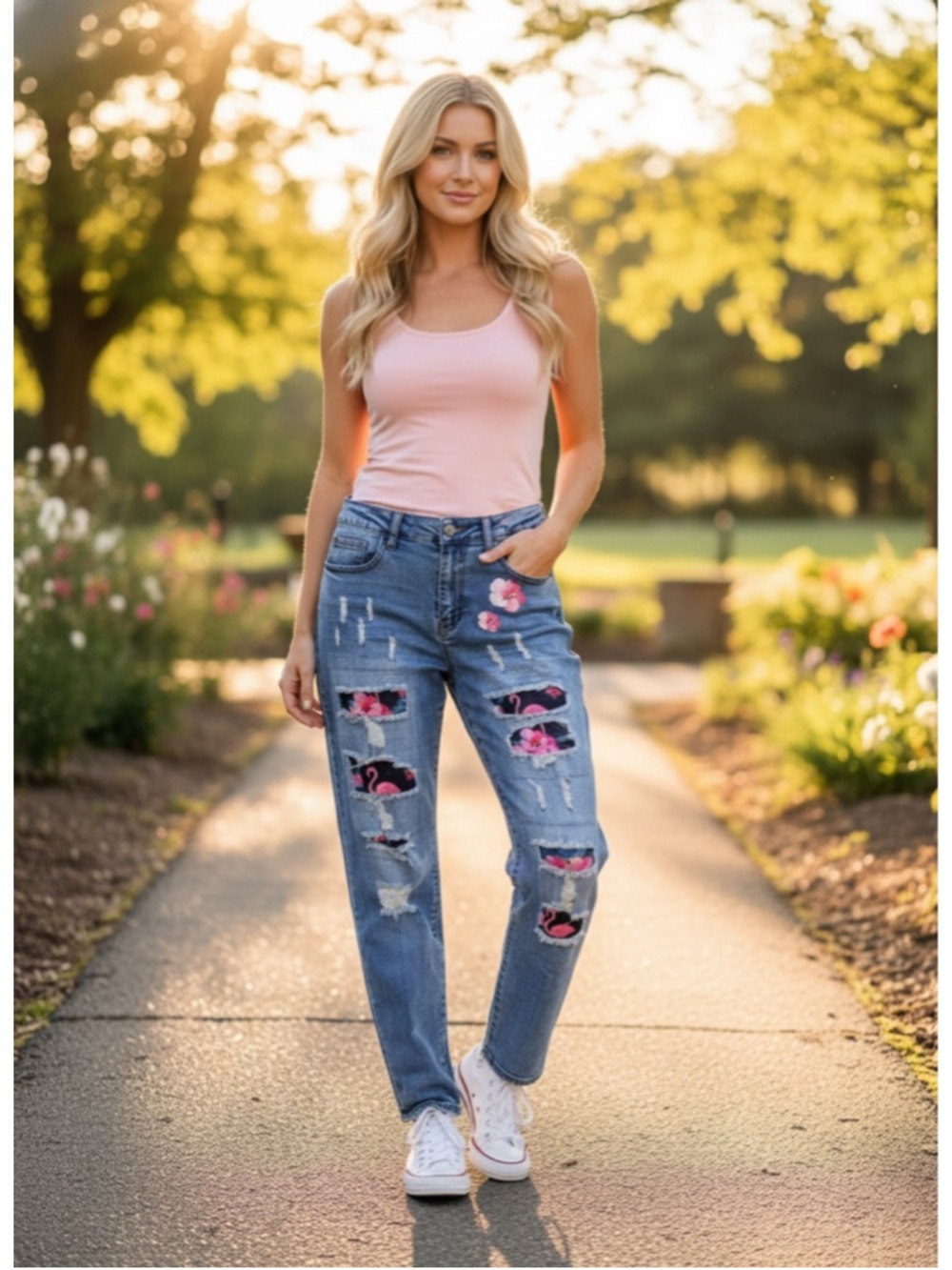 Wear Jeans Hibiscus Flamingo Patch Distressed Denim Jeans Size L (30” Waist)